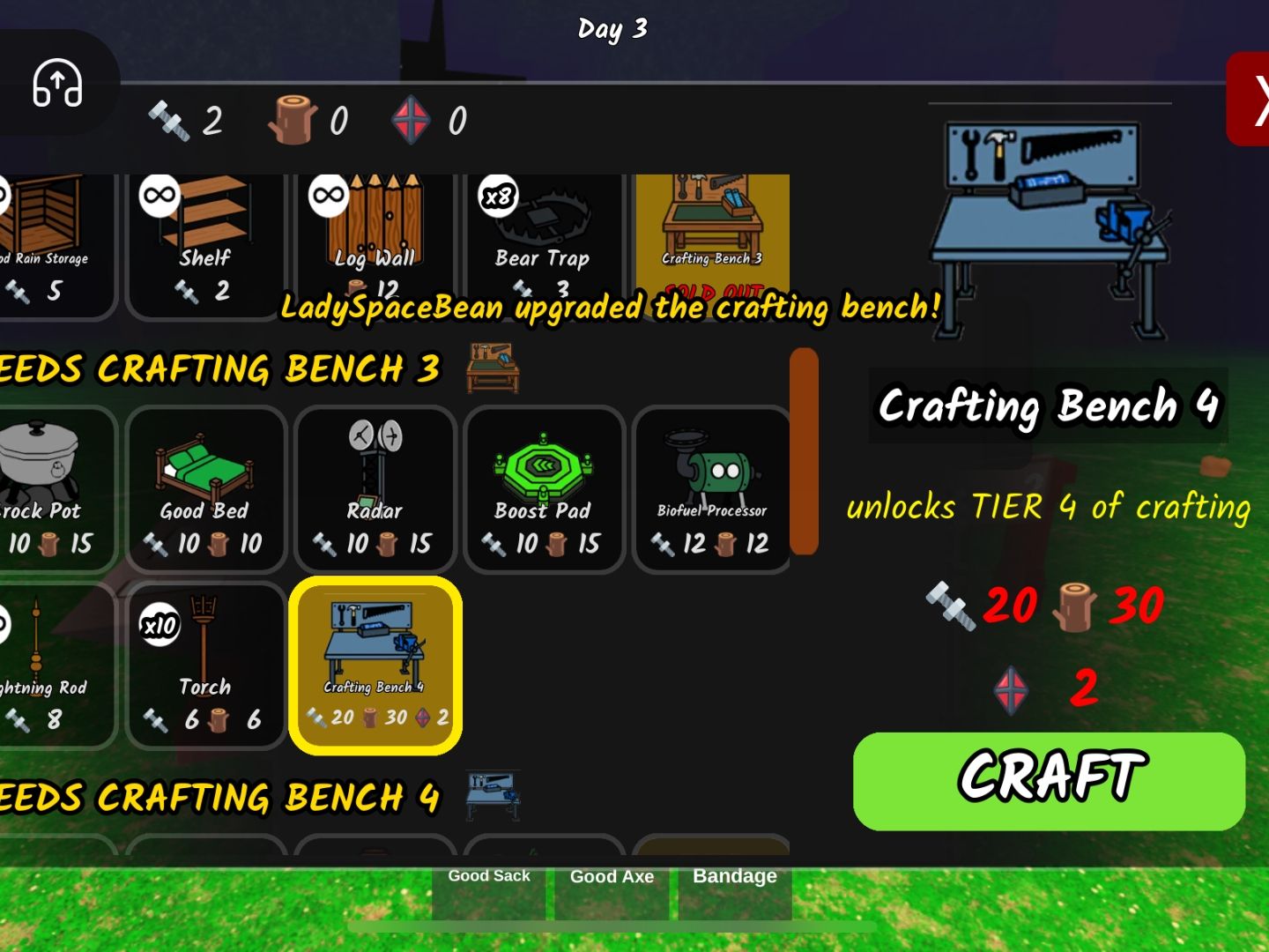 Crafting bench and grinder in 99 Nights in the Forest