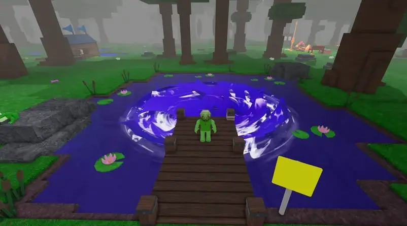 Pond with whirlpool and yellow sign in 99 Nights in the Forest