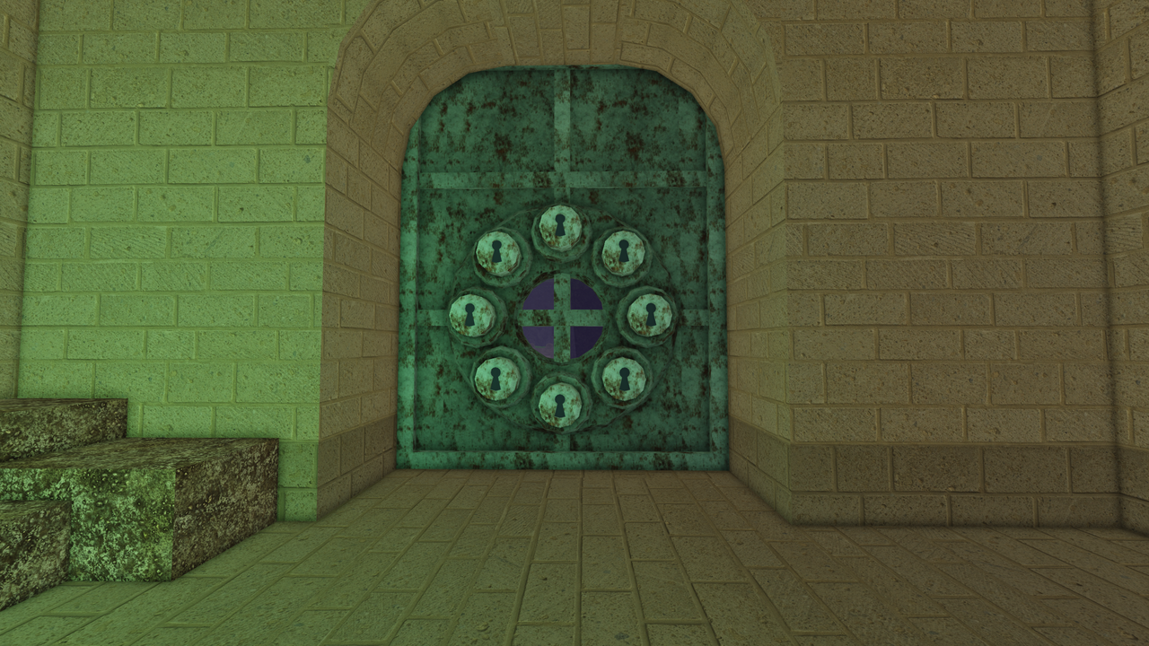 Underground room with giant green door in 99 Nights in the Forest