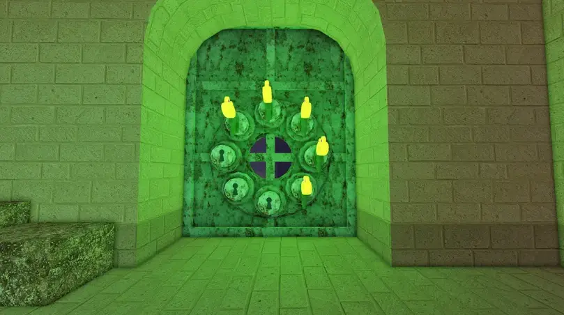 Frog Key door with 8 keyholes in 99 Nights in the Forest