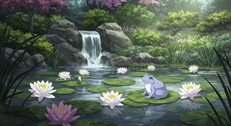 A serene pond in the forest with lily pads and surrounding trees