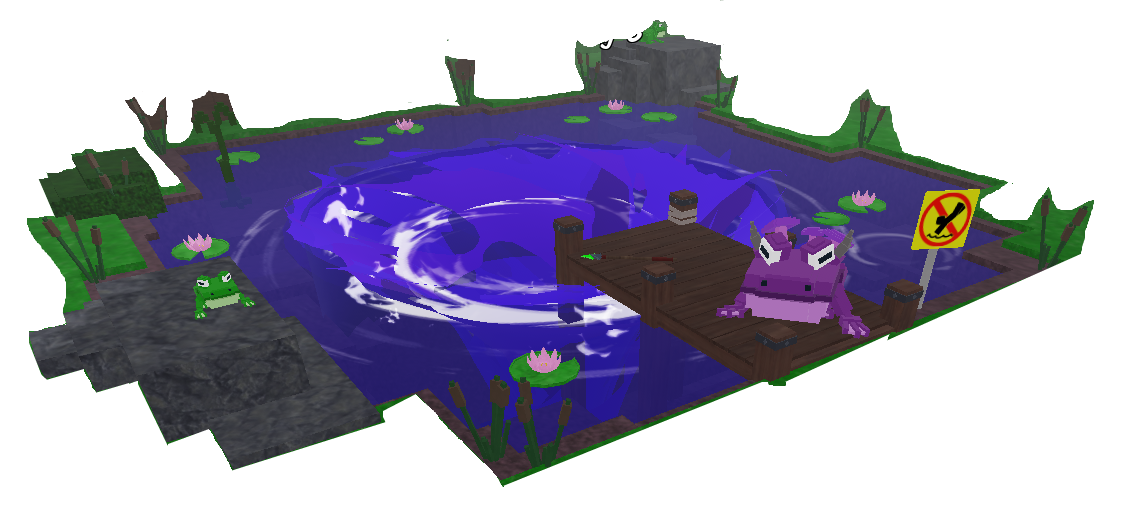 Frog Pond with lily pads and frog entities around the water