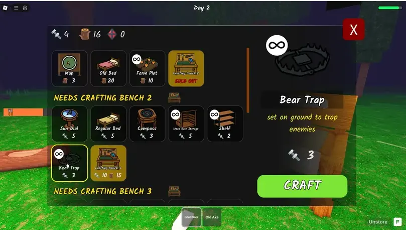 Bear Trap recipe in the crafting menu of 99 Nights in the Forest