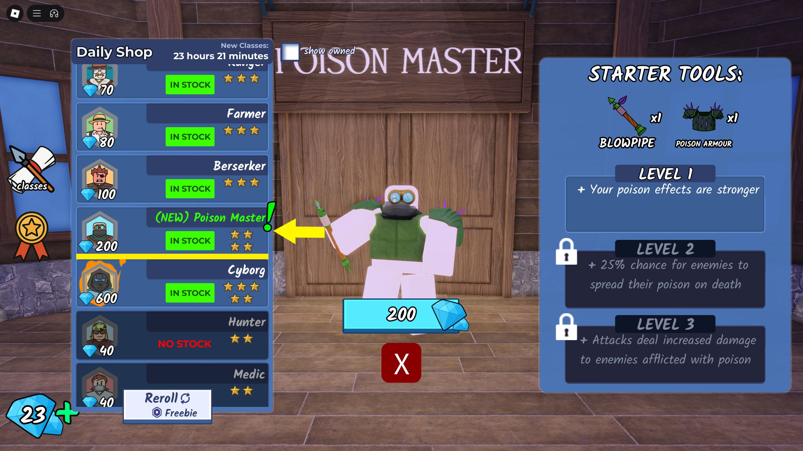Classes selection screen in 99 Nights in the Forest