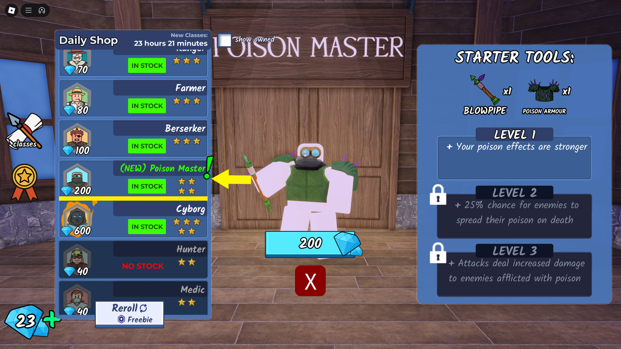 Class level progression requirements screen