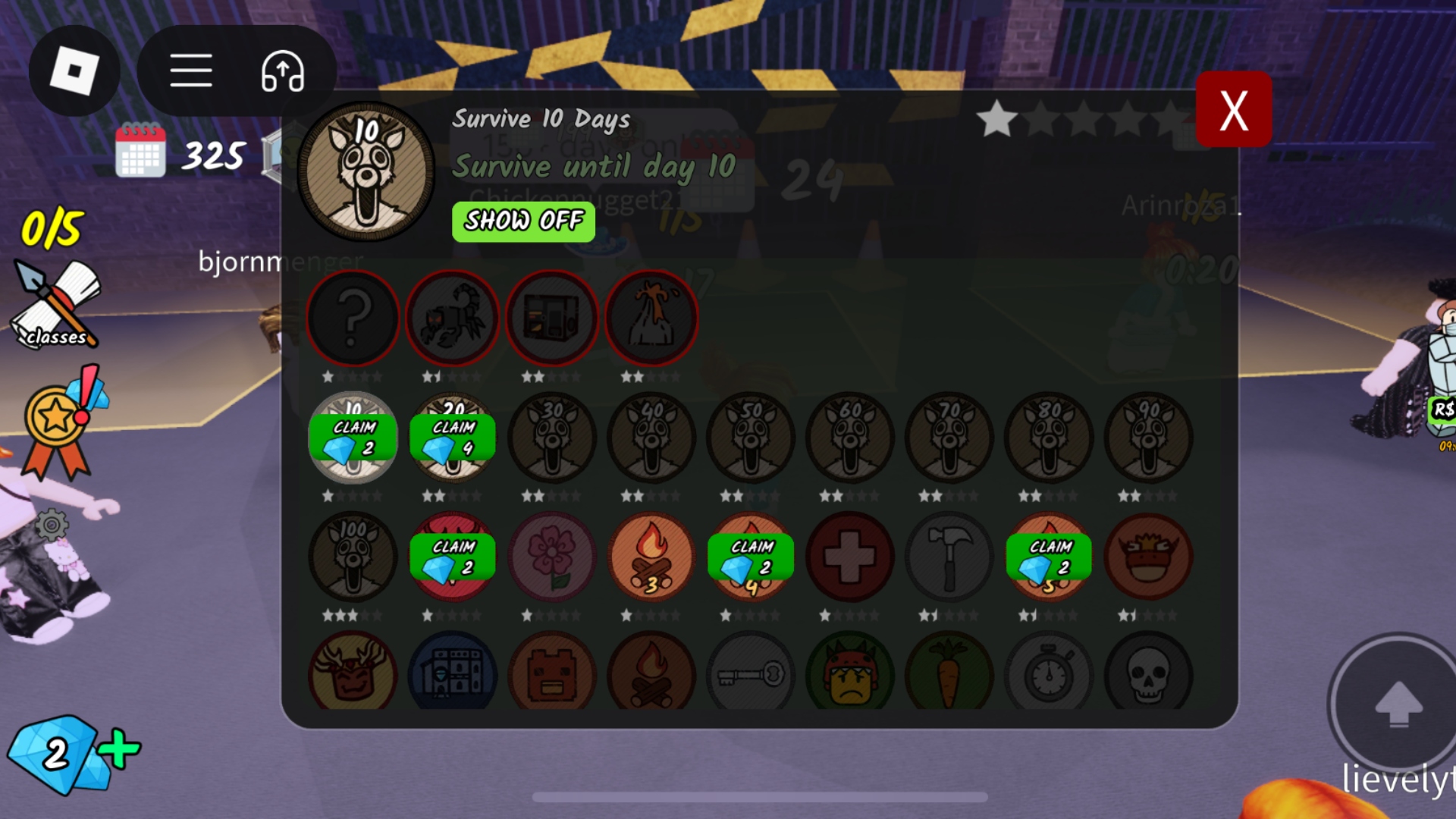 Achievement badges screen in 99 Nights in the Forest