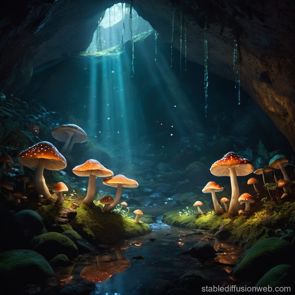 Concept art showing potential cave exploration area with glowing mushrooms