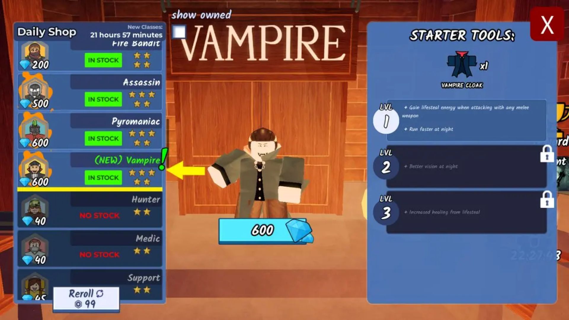 Vampire Class selection screen in 99 Nights in the Forest