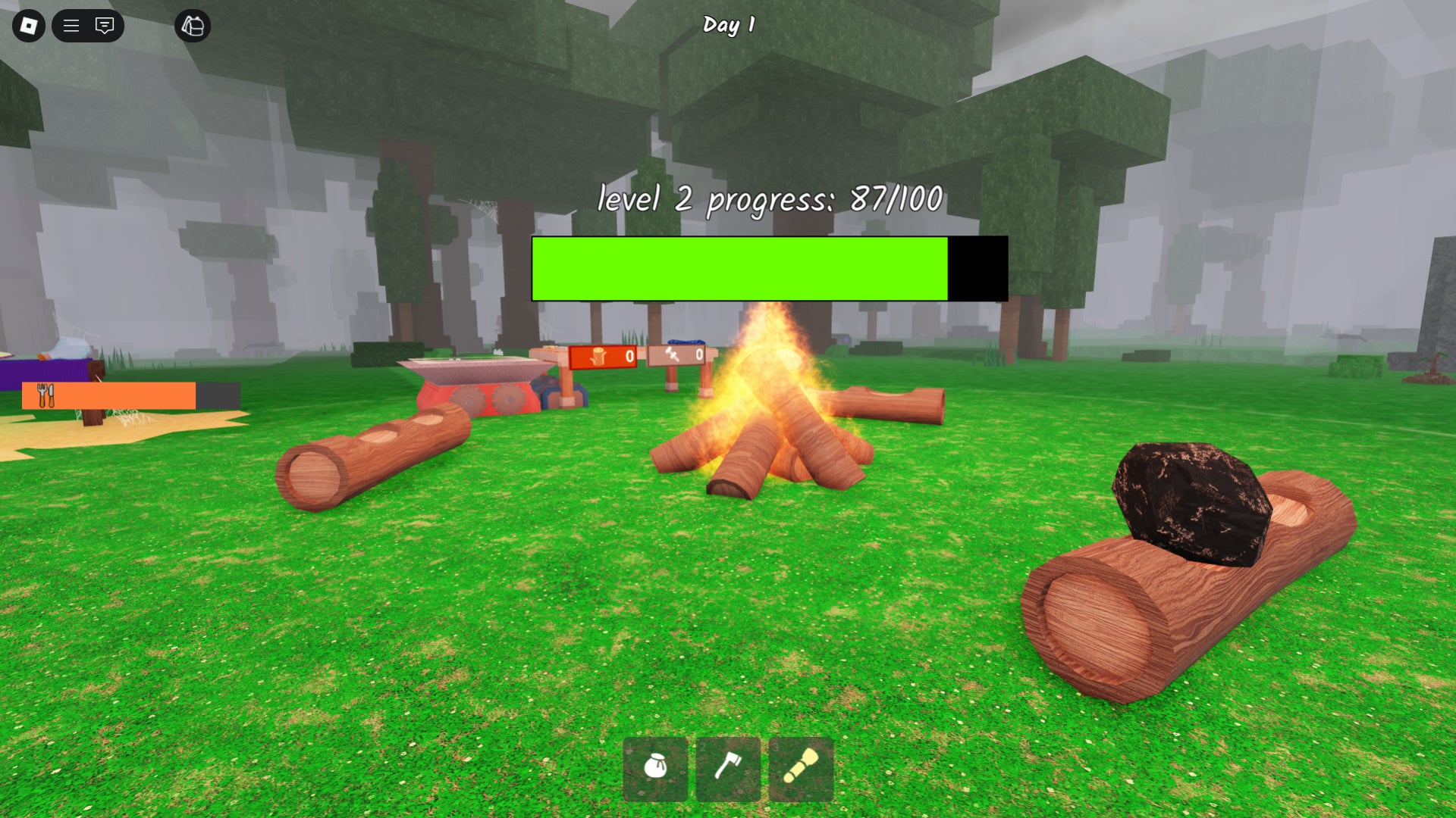 Gameplay screenshot showing dark forest environment and campfire